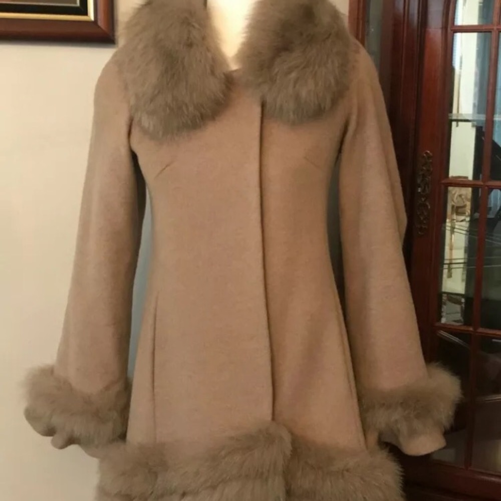 Belle Fare Cashmere Swing Coat w/ Fur Cuffs & Trim